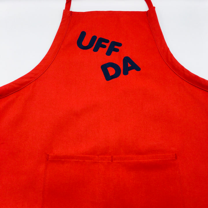 SALE Apron - Embroidered Uff da on Red