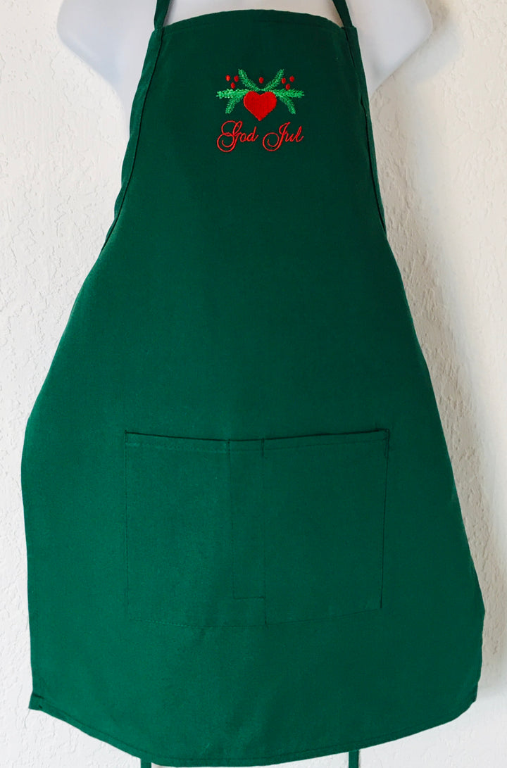 SALE Apron - Embroidered God Jul Hearts & Pines on Green