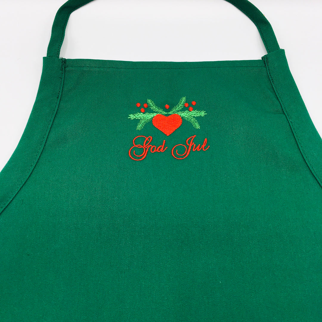 SALE Apron - Embroidered God Jul Hearts & Pines on Green