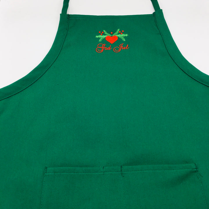 SALE Apron - Embroidered God Jul Hearts & Pines on Green