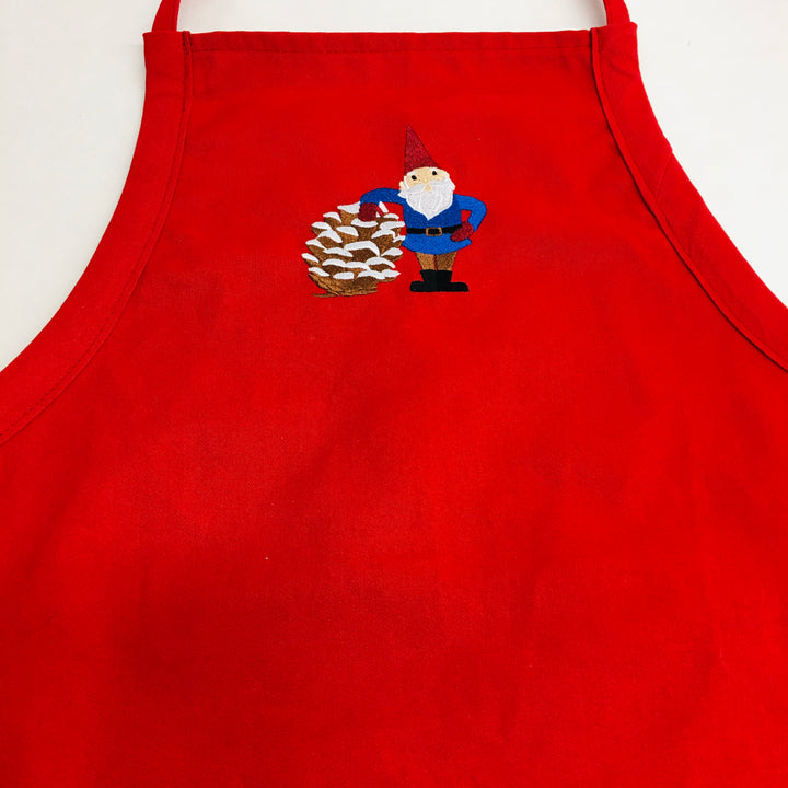 SALE Apron - Embroidered Gnome with Pinecone on Red