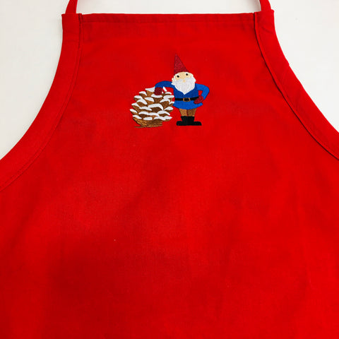 SALE Apron - Embroidered Gnome with Pinecone on Red