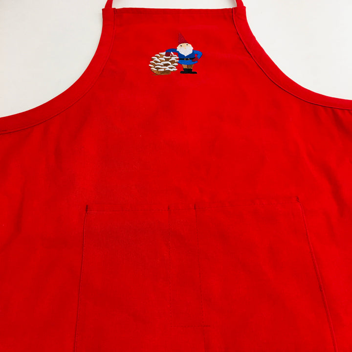 SALE Apron - Embroidered Gnome with Pinecone on Red