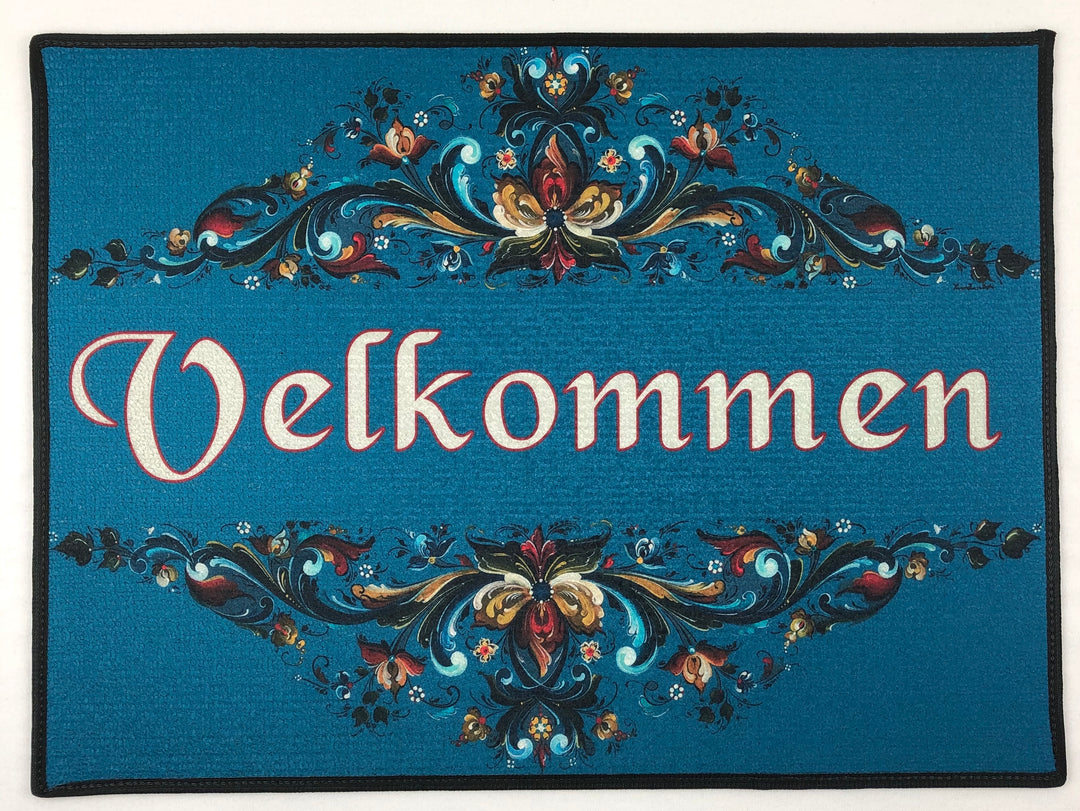 Lise Lorentzen Velkommen teal blue rosemaling rug