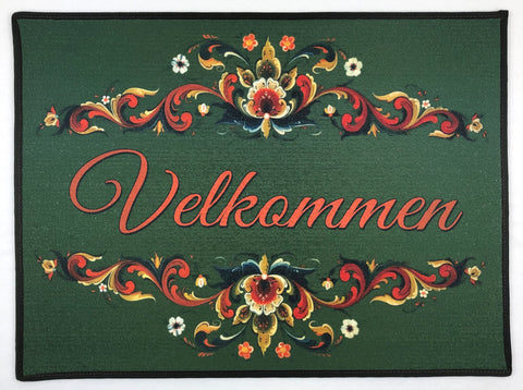Lise Lorentzen Velkommen green rosemaling rug