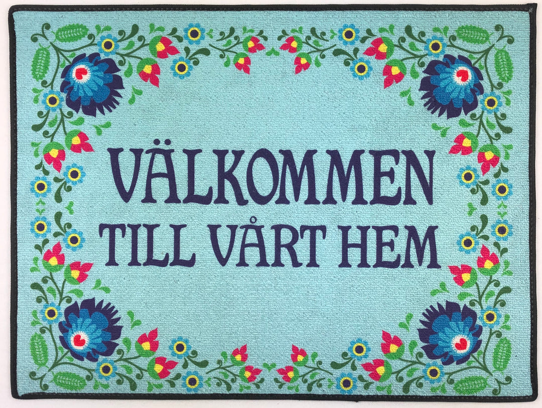 Välkommen till vårt hem blue rug