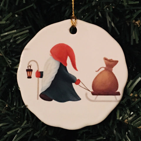 Ceramic Ornament, Gnome with sled