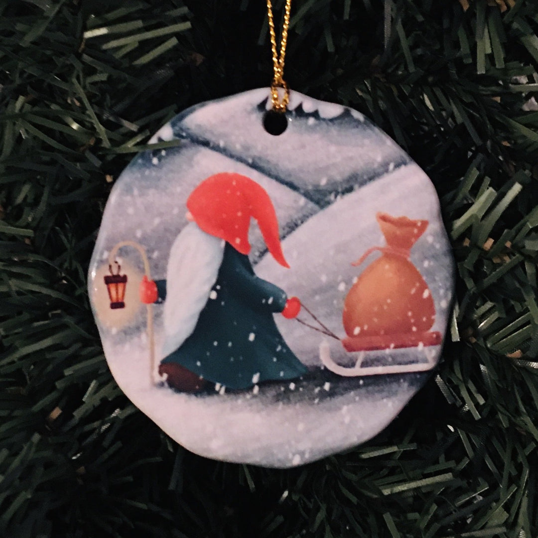 Ceramic Ornament, Gnome with sled