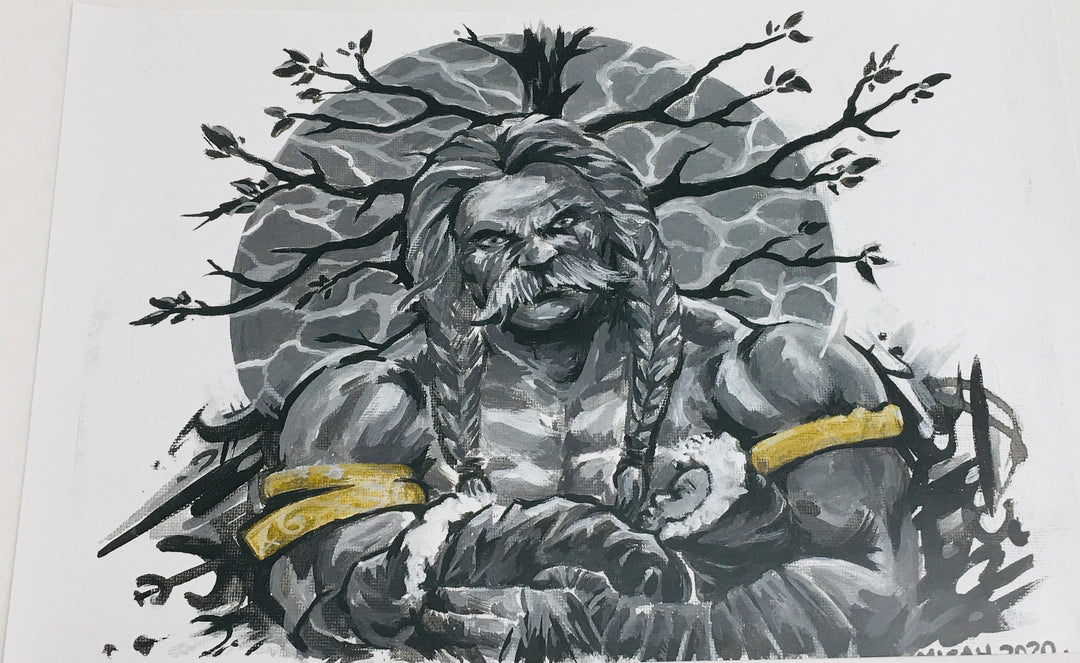 Micah Holland Viking with Baby at Yggdrasil, Tree of Life Artist Print