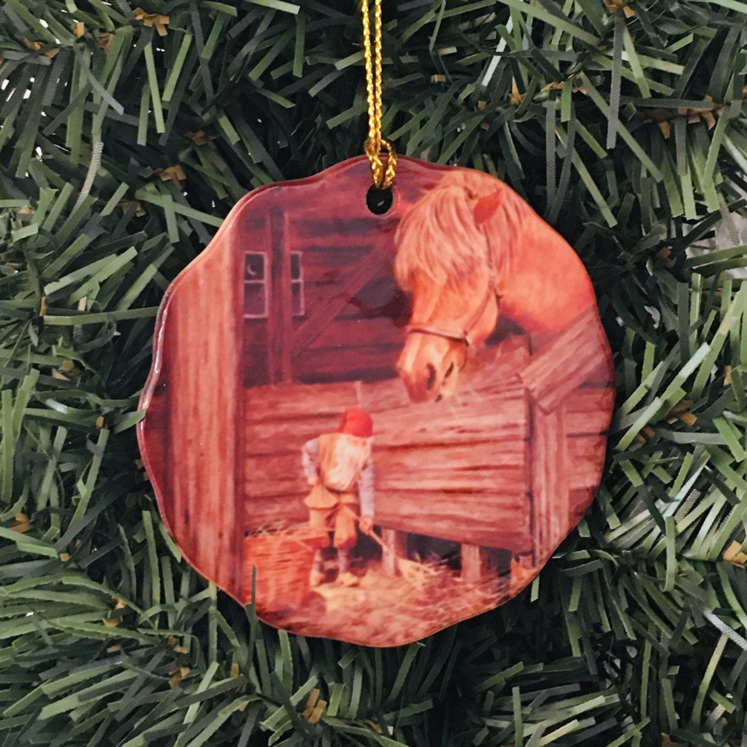 Ceramic Ornament, Jan Bergerlind Tomte with Horse in Barn