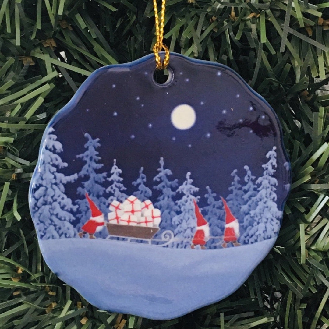 Ceramic Ornament, Eva Melhuish Tomtar with Sleigh of Gifts