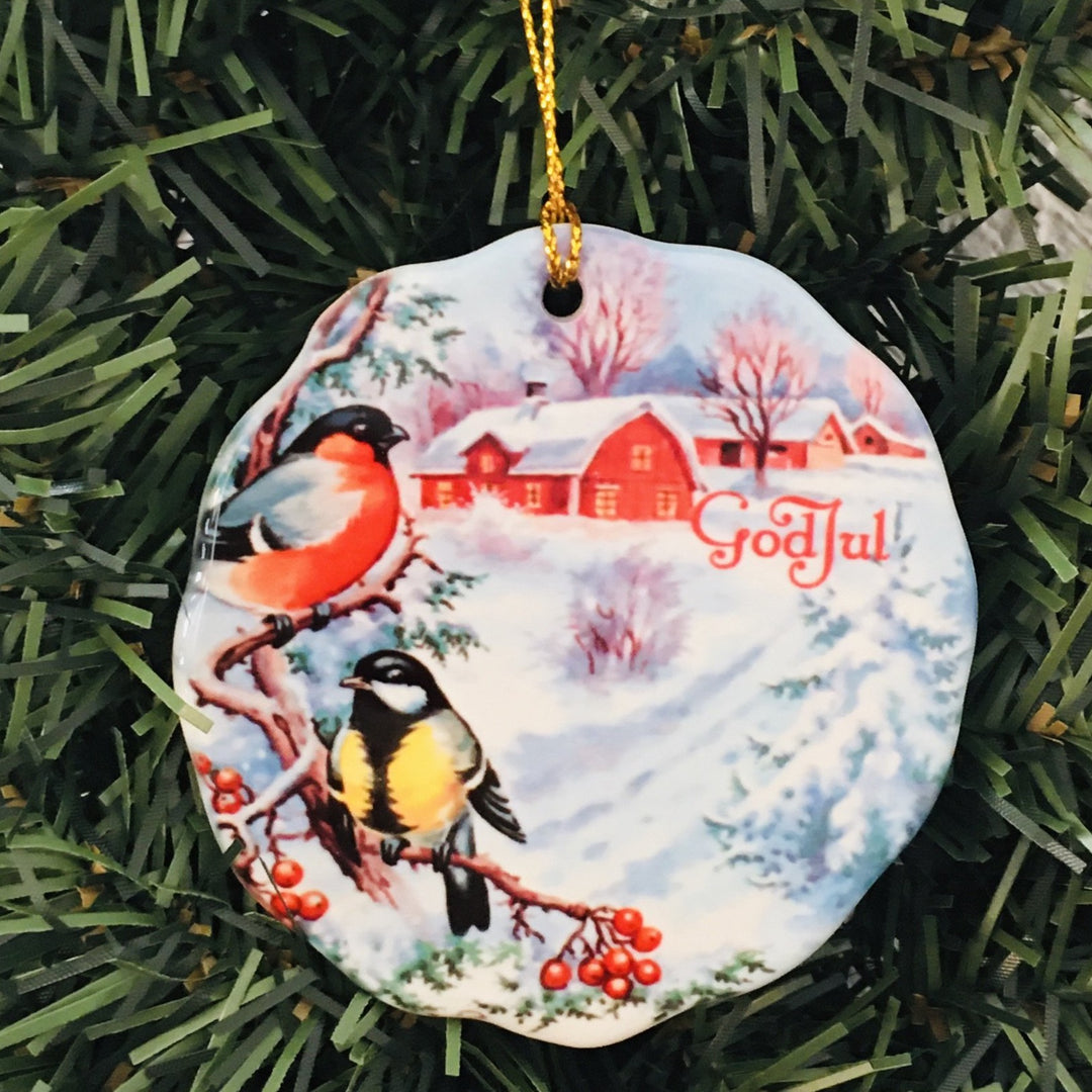 Ceramic Ornament, Bullfinches at Barn