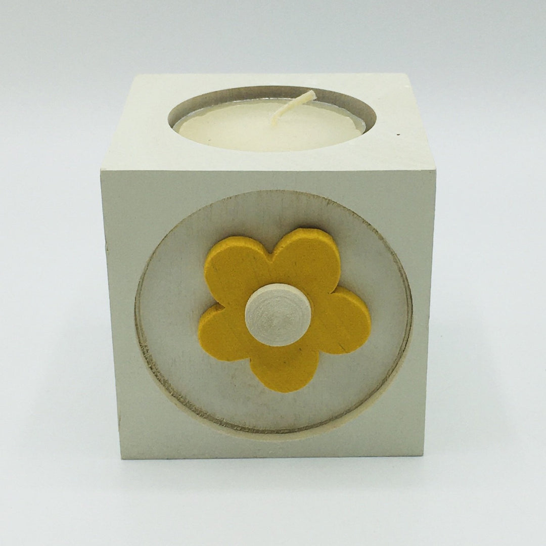 Wood Block Votive Candle Holder - Flower