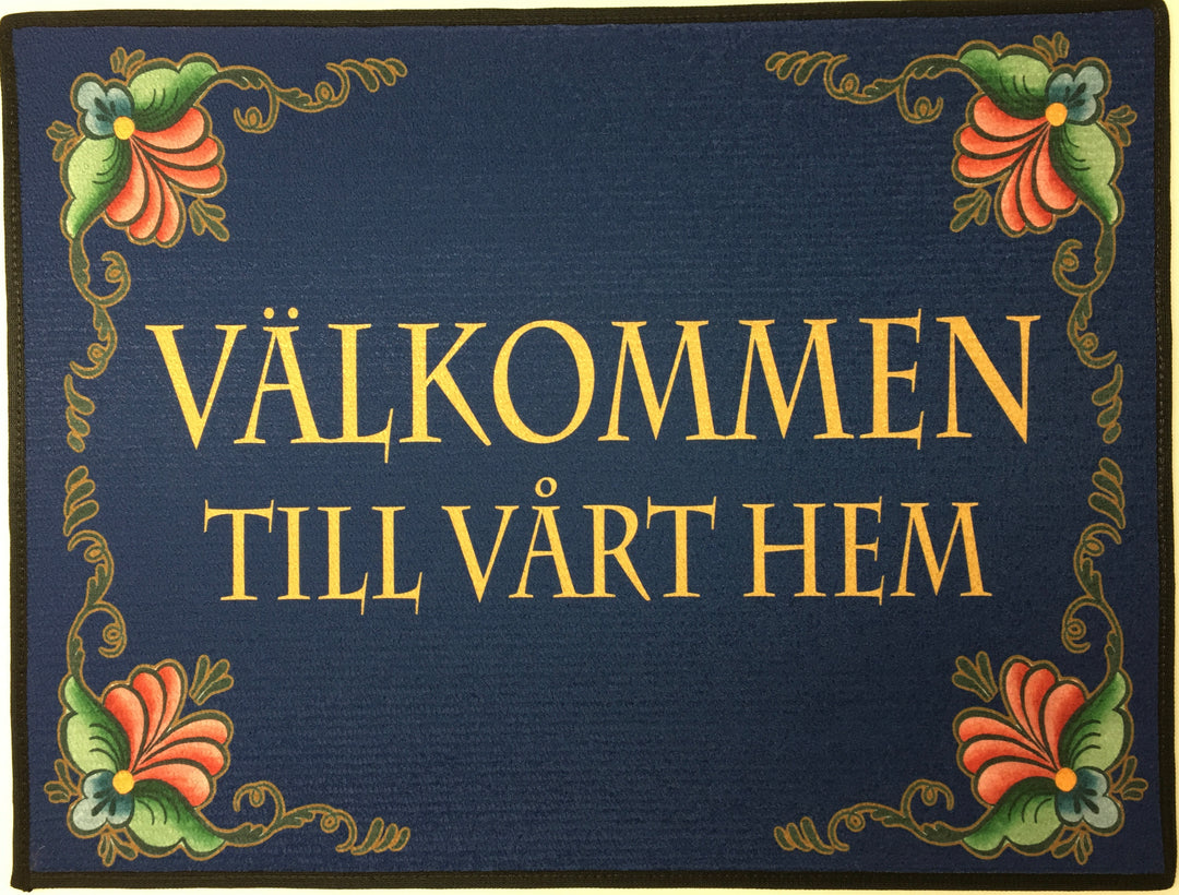 Välkommen  till vårt hem rosemaling rug