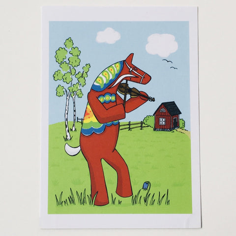 Post card, Karin Didring Dala horse playing the fiddle