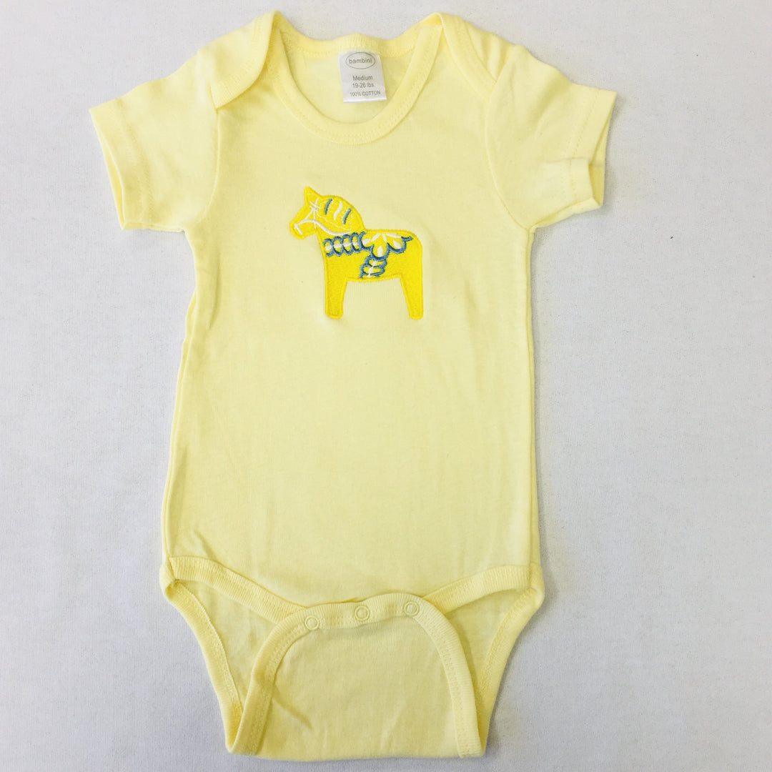 Yellow Baby Onezie with snaps - Embroidered Yellow Dala horse