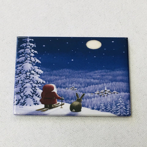 Rectangle Magnet, Eva Melhuish Tomte on Skis with Rabbit