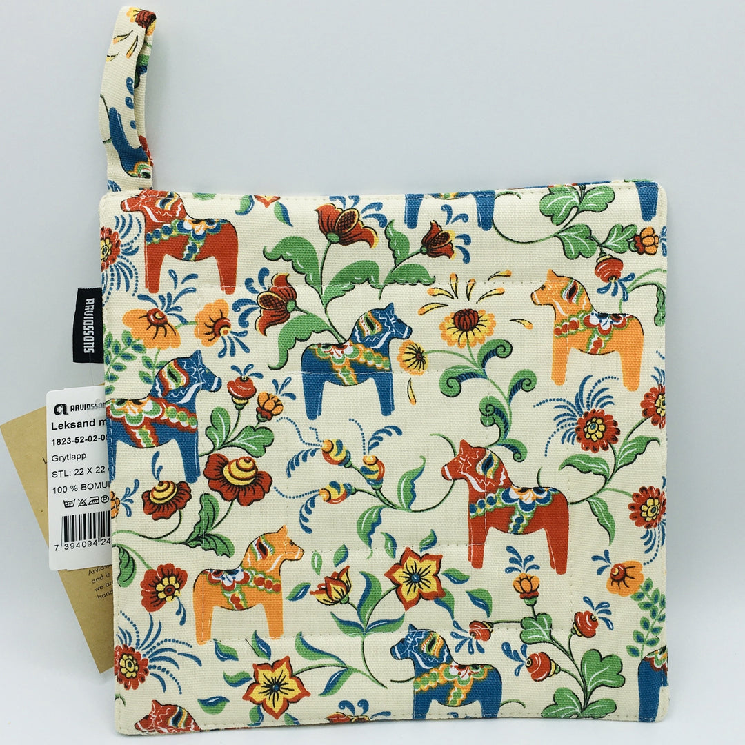 Pot holder - Swedish Dala horses on Ecru