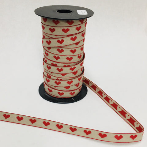 Fabric Ribbon Trim by the yard - Tan with Red hearts