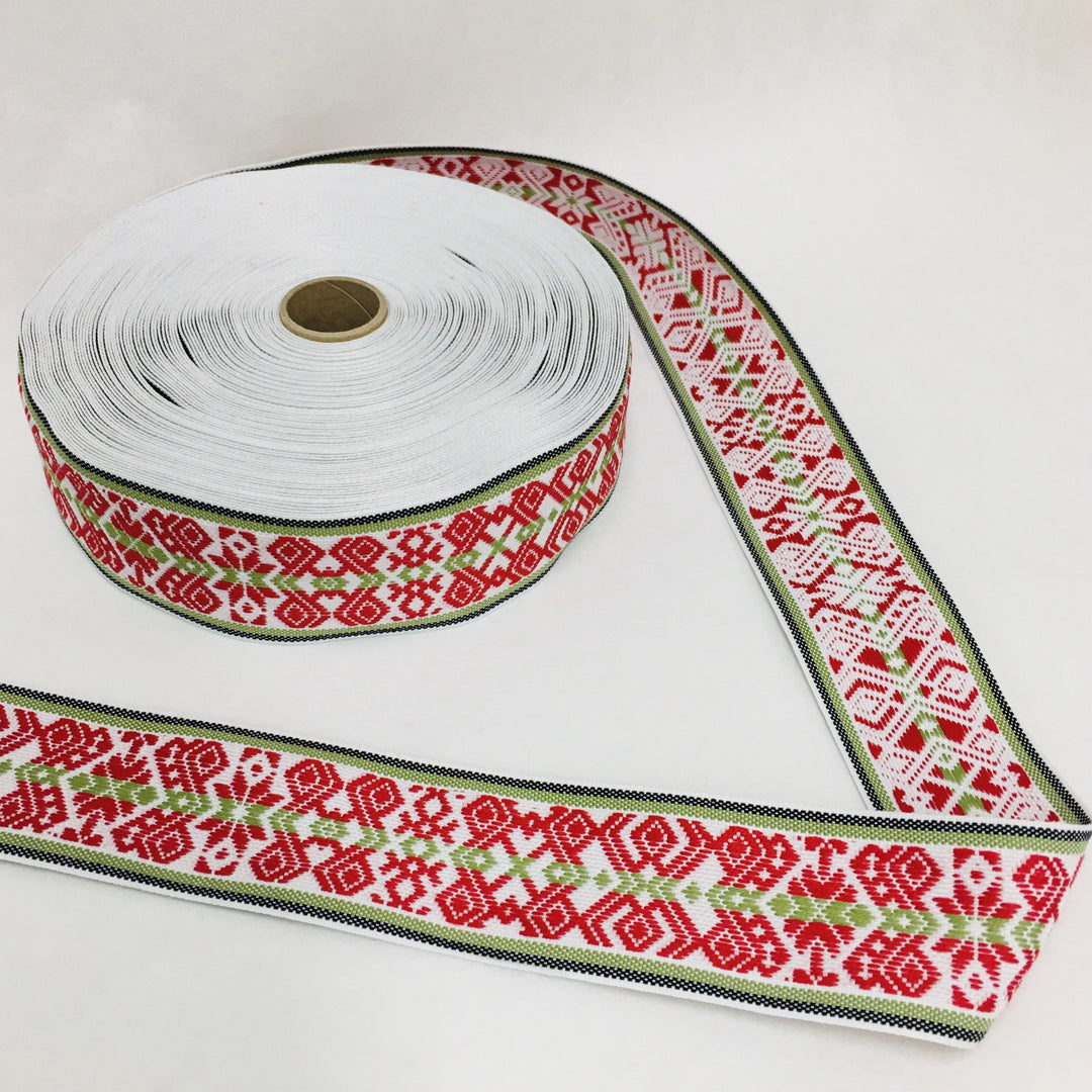 Fabric Ribbon Trim by the yard - White with Red, Green & Black