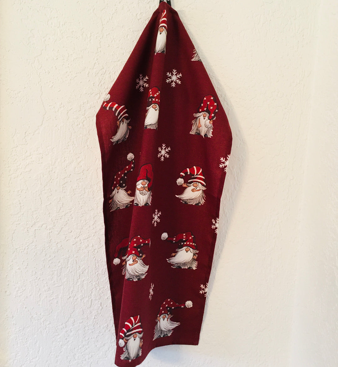 Dish Towel - Gnomes & Snowflakes on Burgundy