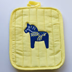 Pot holder - Swedish Blue Dala horse on yellow