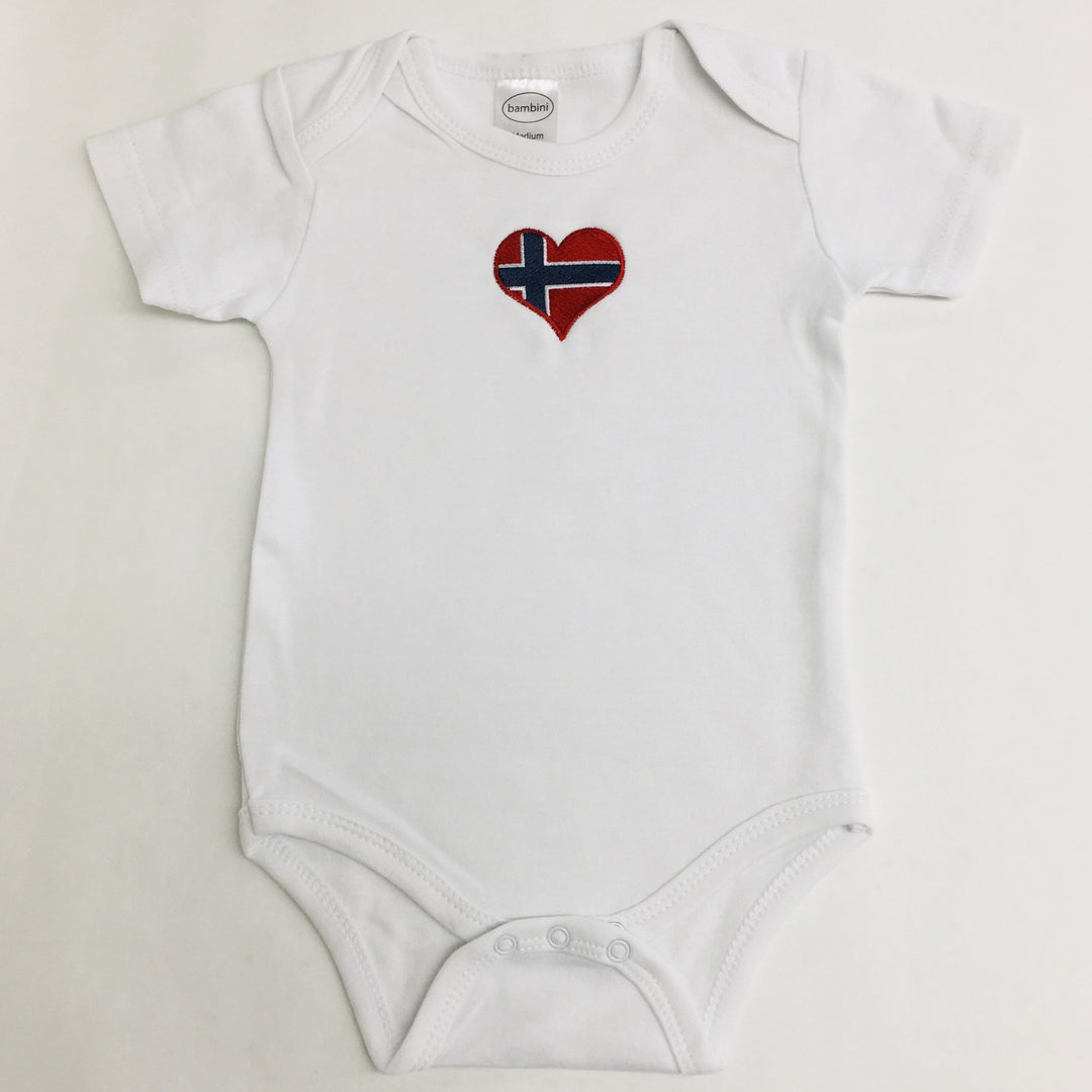 White Baby Onezie with snaps - Embroidered Norway Heart