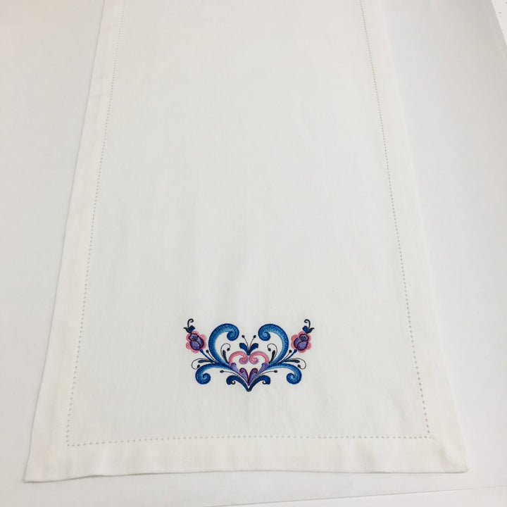 Rosemaling Heart Embroidered on White 52" Runner