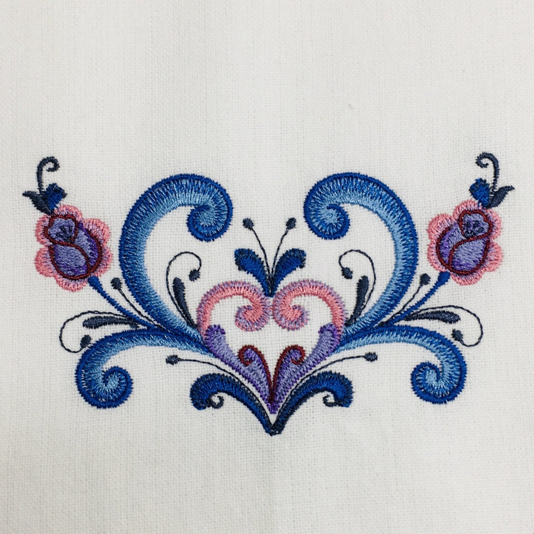 Rosemaling Heart Embroidered on White 52" Runner