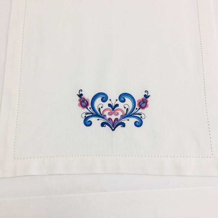 Rosemaling Heart Embroidered on White 52" Runner