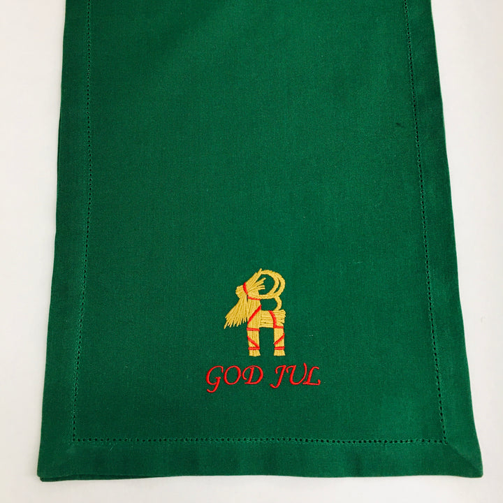 God Jul Straw Goat Embroidered on 52" Green Runner