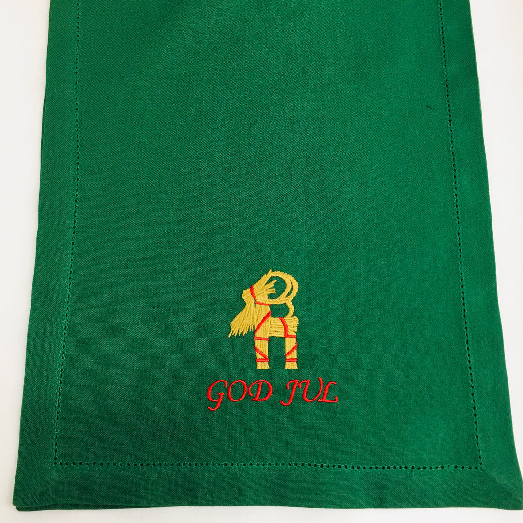 God Jul Straw Goat Embroidered on Green 36" Runner