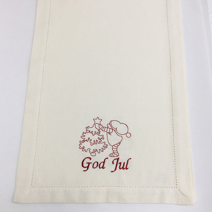 God Jul Gnome Decorating Tree Embroidered on Cream 52" Runner