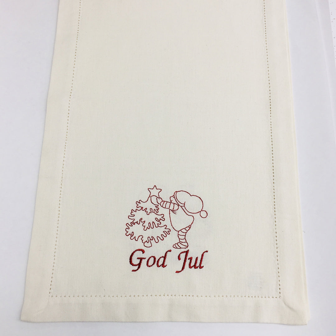 God Jul Gnome Decorating Tree Embroidered on Cream 36" Runner