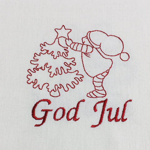 God Jul Gnome Decorating Tree Embroidered on Cream 52" Runner