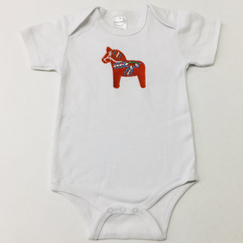 White Baby Onezie with snaps - Embroidered Red Dala horse