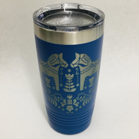 Dala Horses on Royal Blue 20 oz Stainless Steel hot/cold Cup w/ Silicone Straw & extra lid