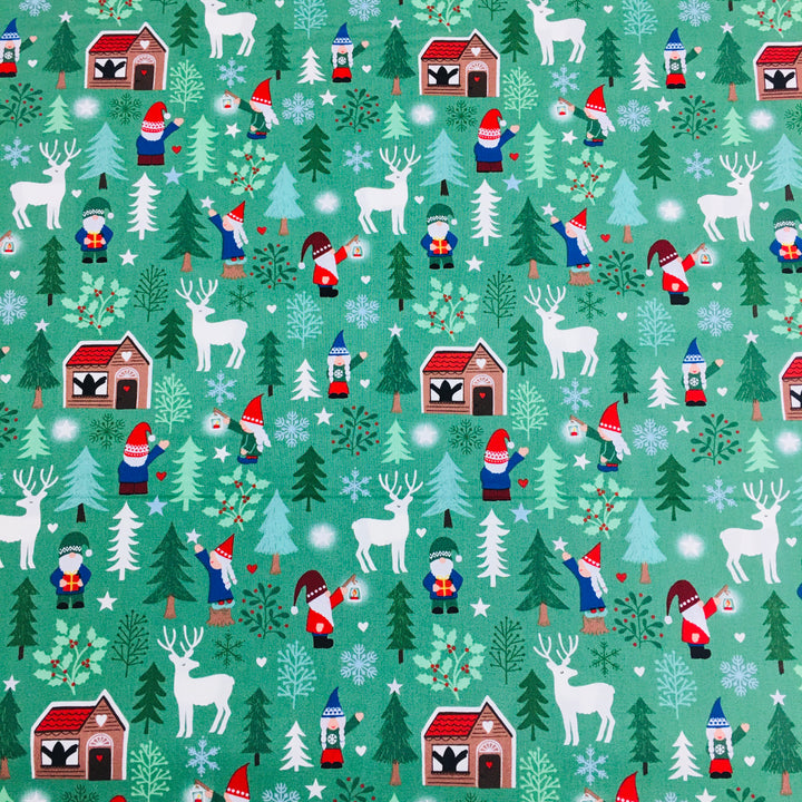 SALE Gnome Fabric - Hygge Glow Forest on Nordic Green