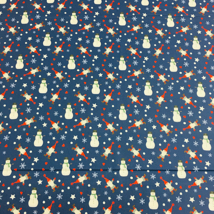 Eva Melhuish Gnome Fabric - Tomte & Snowman on Dark Blue