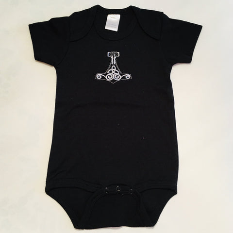Black Baby Onezie with snaps - Embroidered Thor's hammer