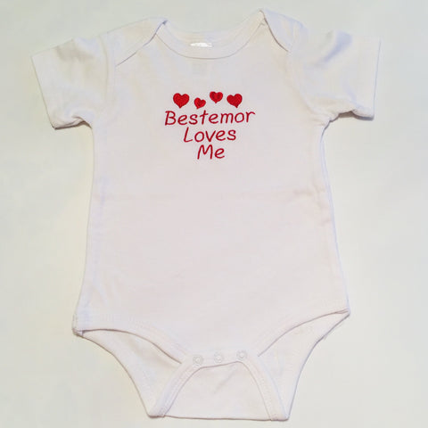 White Baby Onezie with snaps - Embroidered Bestemor loves me