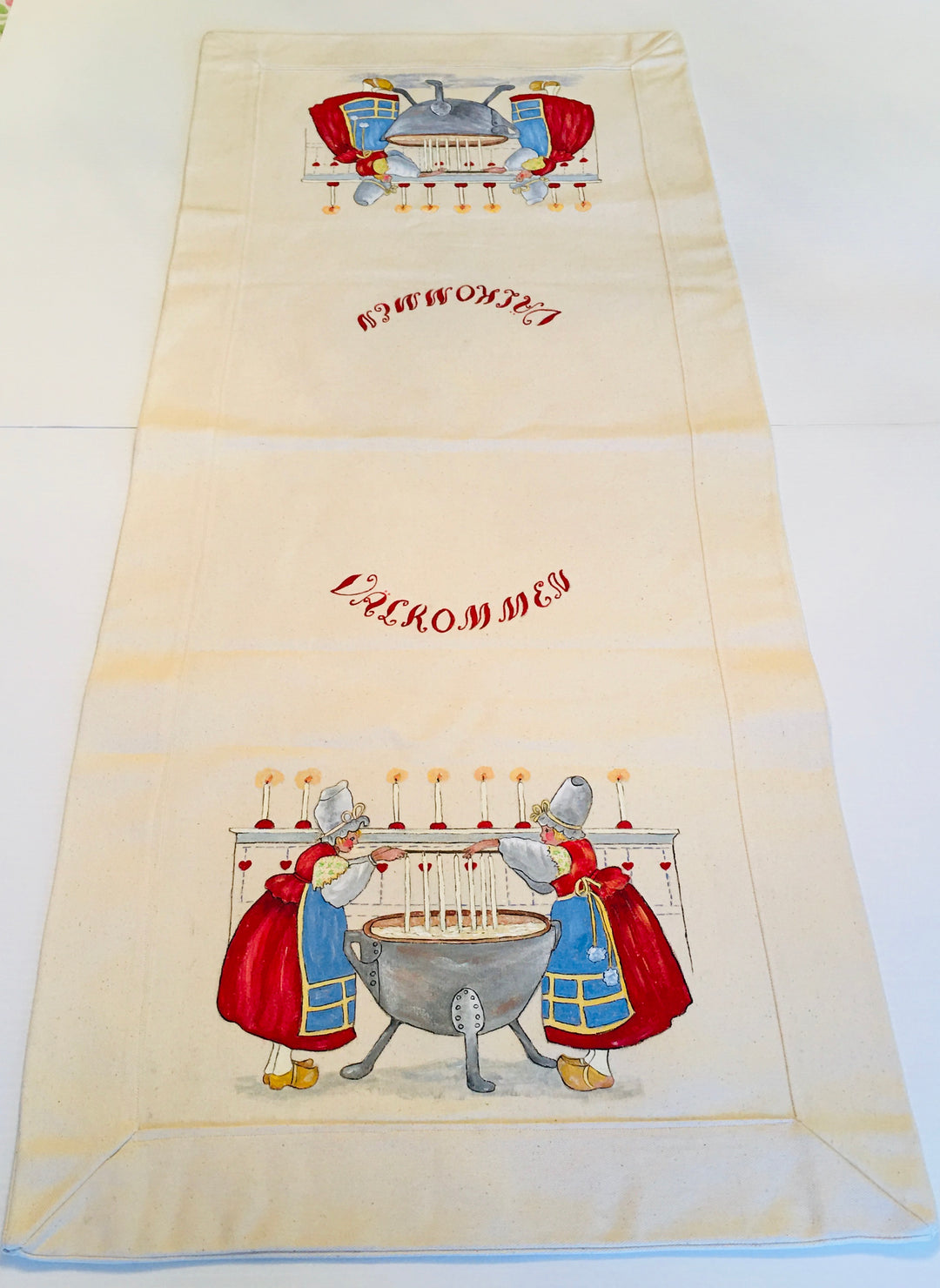 Hand Made Välkommen Table Runner Two girls making candles