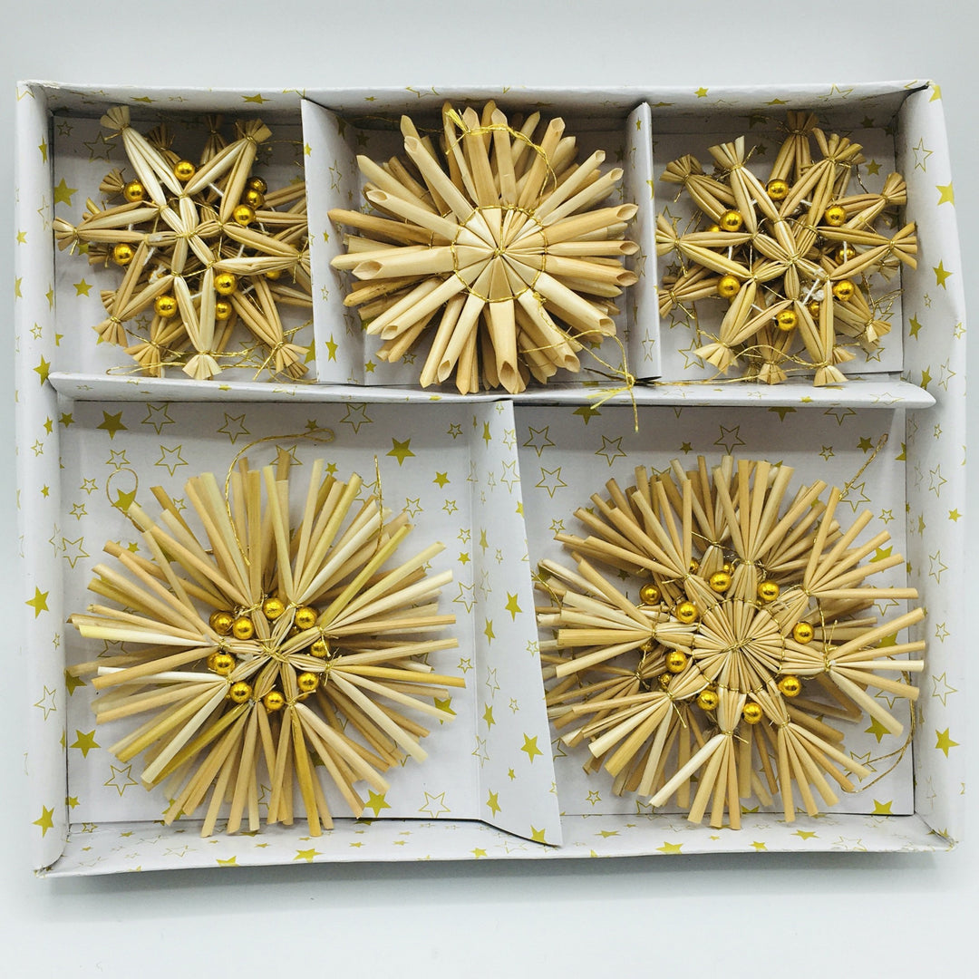 Straw snowflake with gold beads ornaments - Box of 20