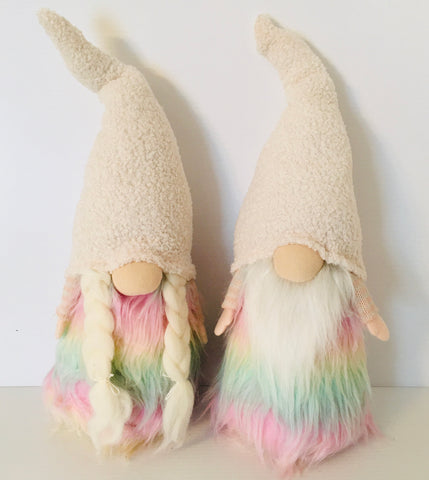 Gnome Couple with Pastel Rainbow fur & White hat
