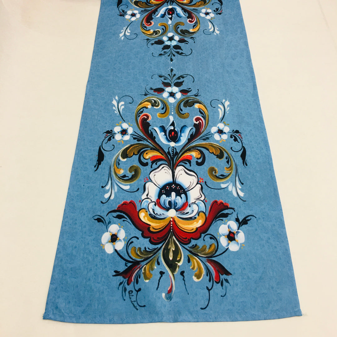 Lise Lorentzen Rosemaling on Blue Table Runner