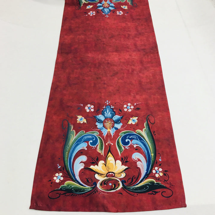 Lise Lorentzen Rosemaling on Dark Red Table Runner