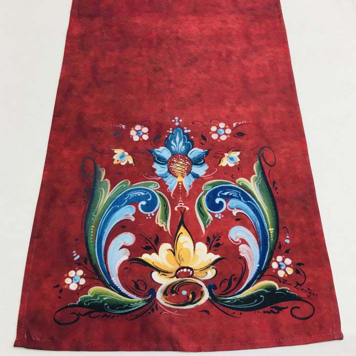 Lise Lorentzen Rosemaling on Dark Red Table Runner