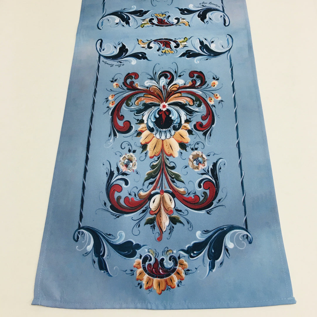 Lise Lorentzen Rosemaling on Blue Table Runner