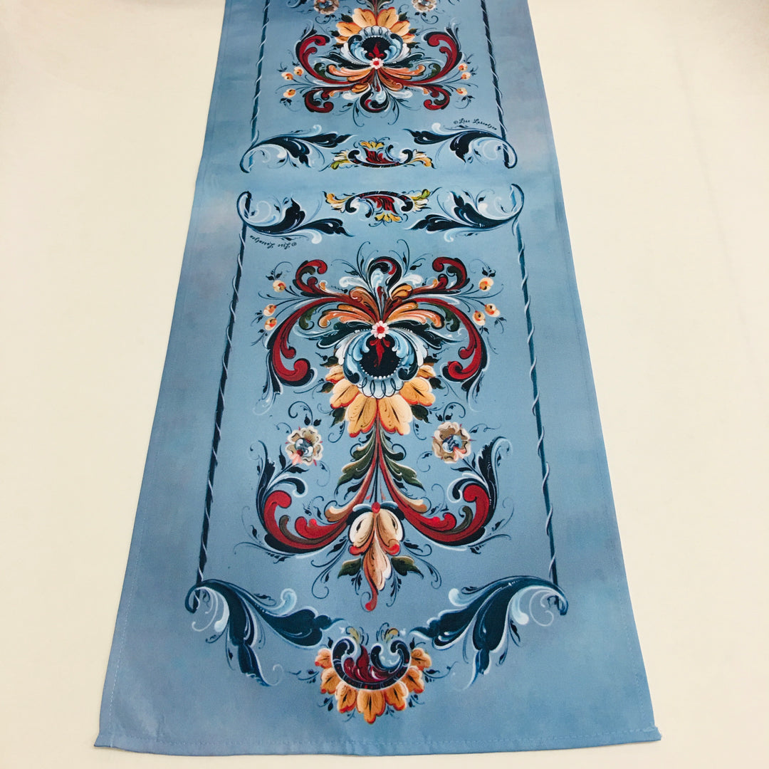 Lise Lorentzen Rosemaling on Blue Table Runner