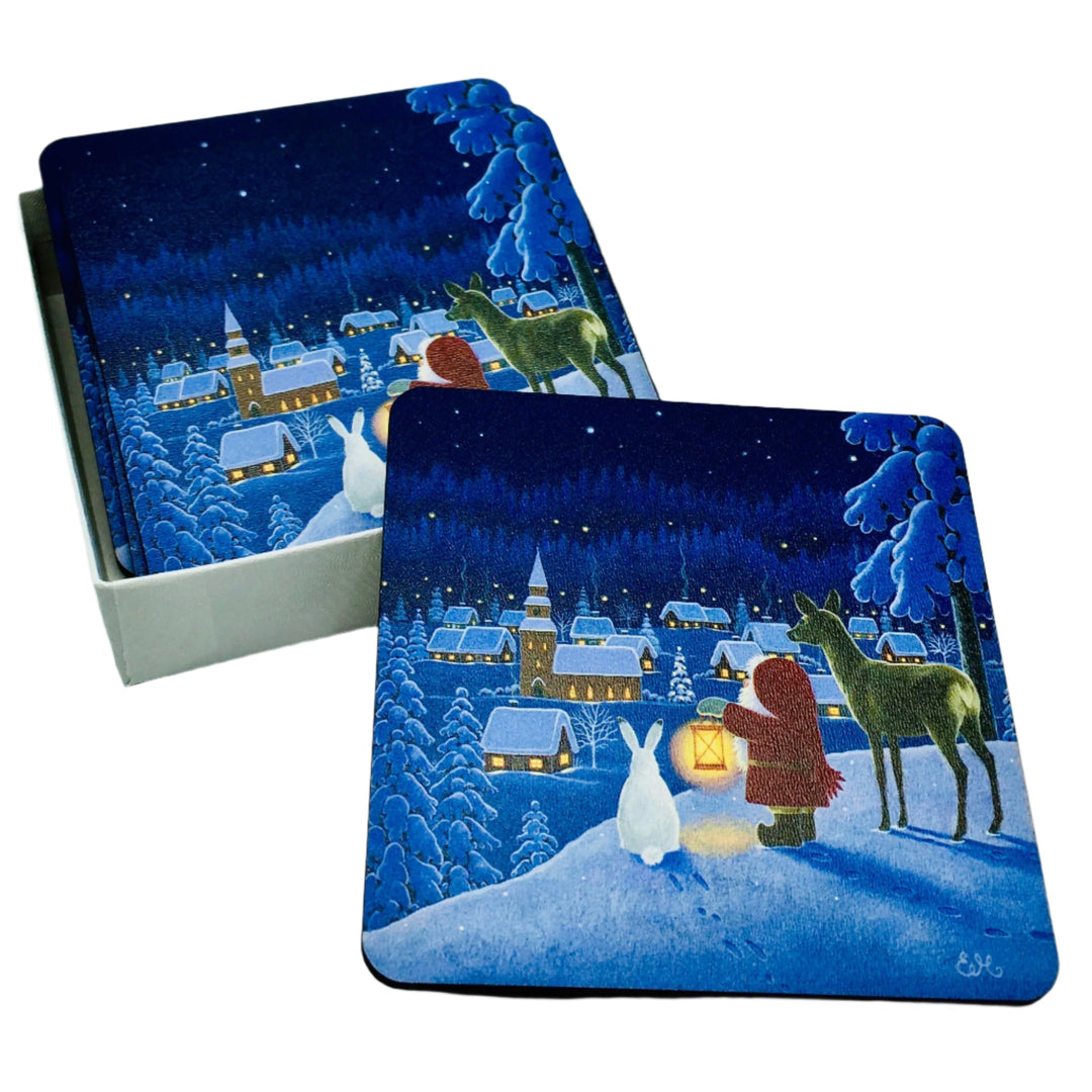 Eva Melhuish Tomte watching Village Coasters Box of 6